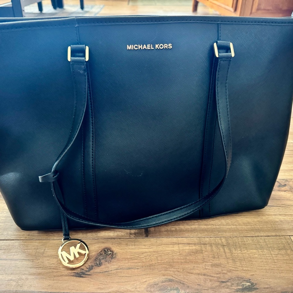 Michael Kors Black Leather Tote with Gold Logo Charm